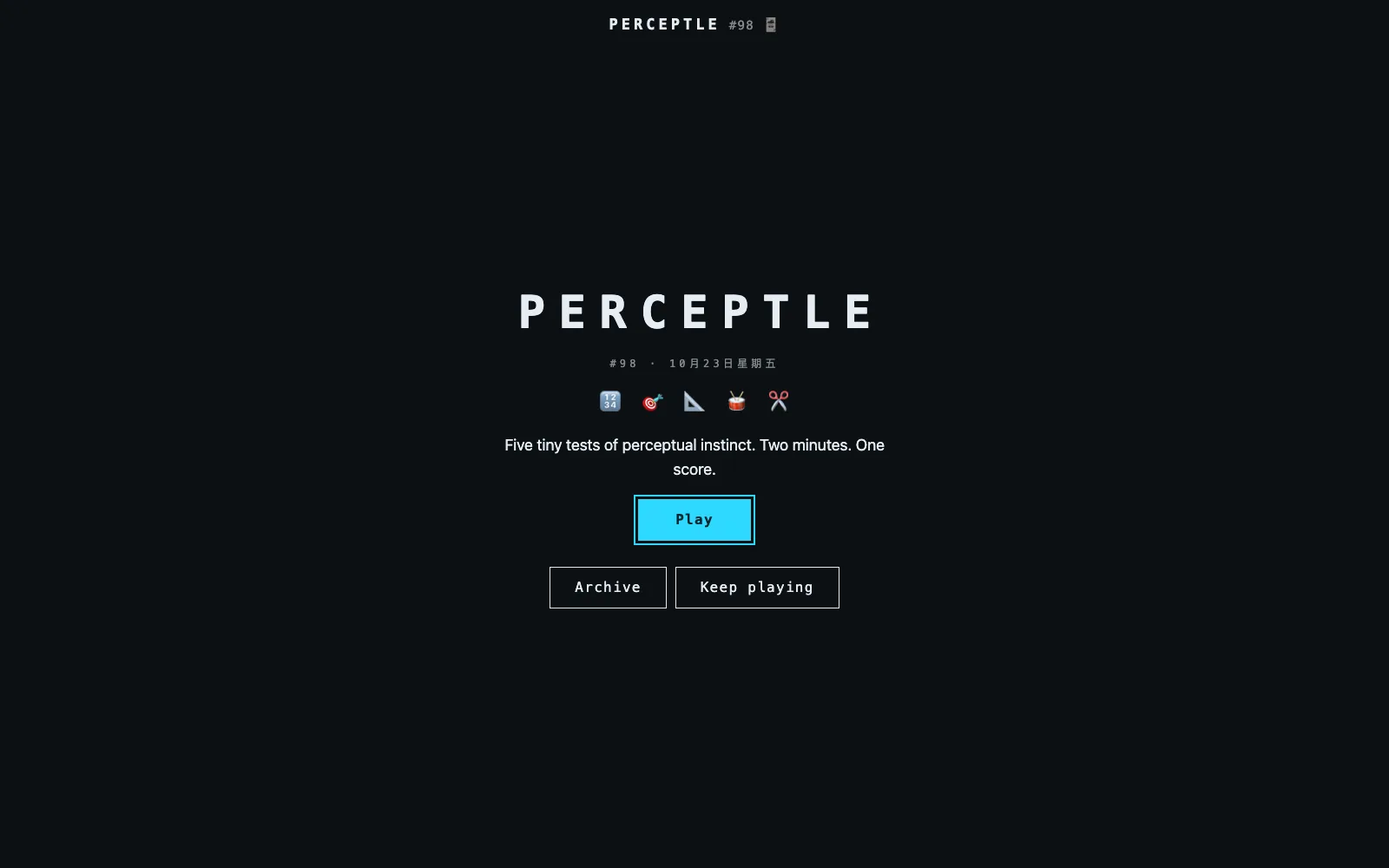 perceptle.com start screen for puzzle 98 on 23 October 2026